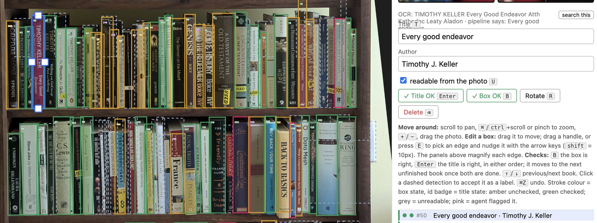 Browser-based labeling tool showing a photo of two bookshelves with a colored bounding box around each book spine, next to a panel for correcting the detected title and author