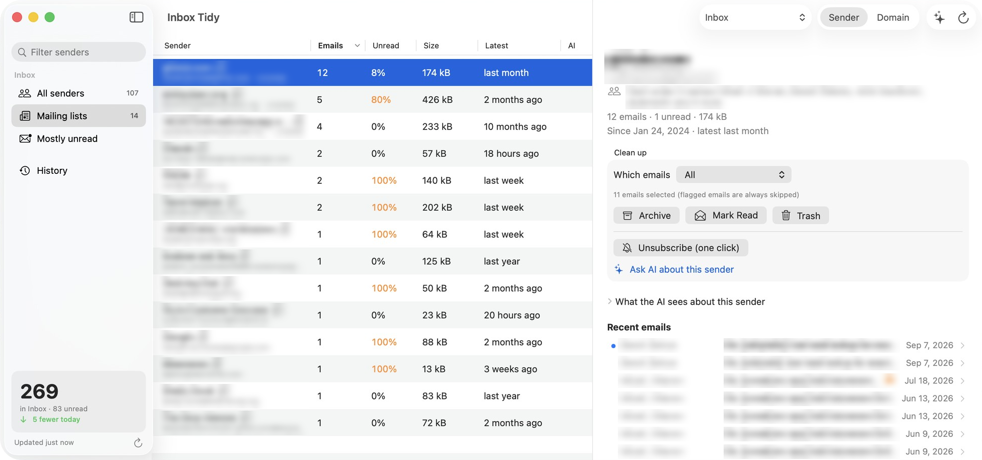 Inbox Tidy showing mailing-list senders on the left and, for the selected sender, clean-up actions (archive, mark read, trash, one-click unsubscribe) and recent emails; sender and email details are blurred