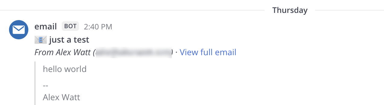 A Mattermost message from an "email" bot showing a forwarded email with its subject, sender, a link to the full email, and the quoted body